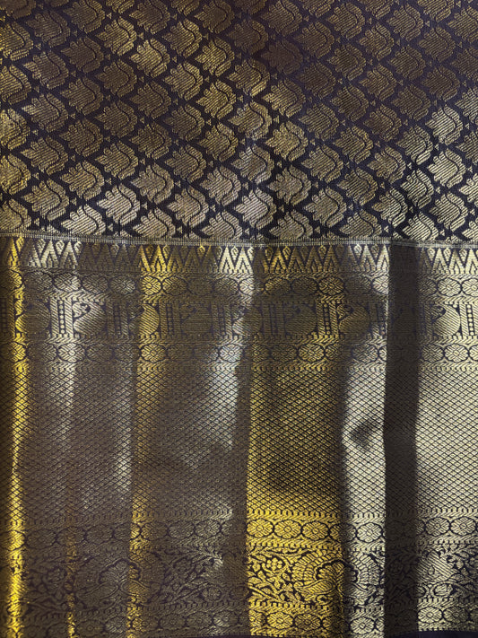Exquisite Blue Kanchipuram Sari with Gold Zari Work and Dark Brown Border