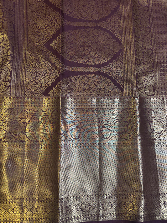 Lavender Semi-Silk Sari with Golden Floral Motifs and Deep Maroon Border