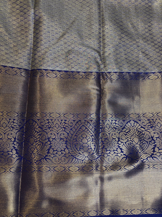 Elegant Teal blue Kanchipuram tissue Saree with Golden and Navy Blue big border Accents
