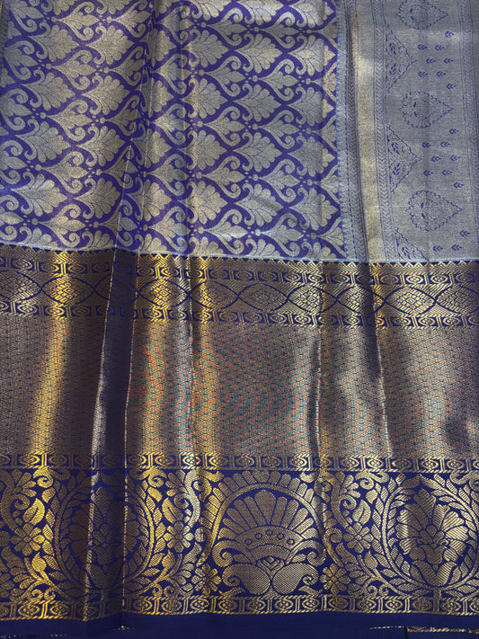 Elegant Blue Kanchipuram tissue Saree with Golden and Navy Blue big border Accents