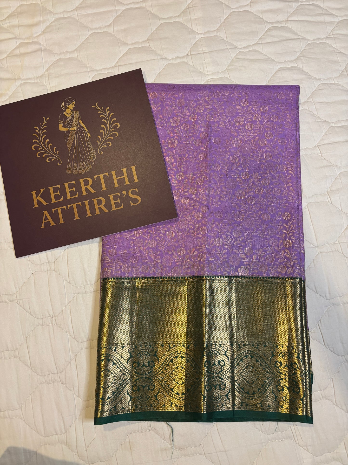 Lavender Silk Saree with Gold Zari and Green Border
