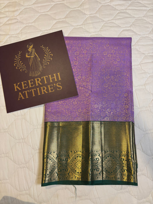 Lavender Silk Saree with Gold Zari and Green Border