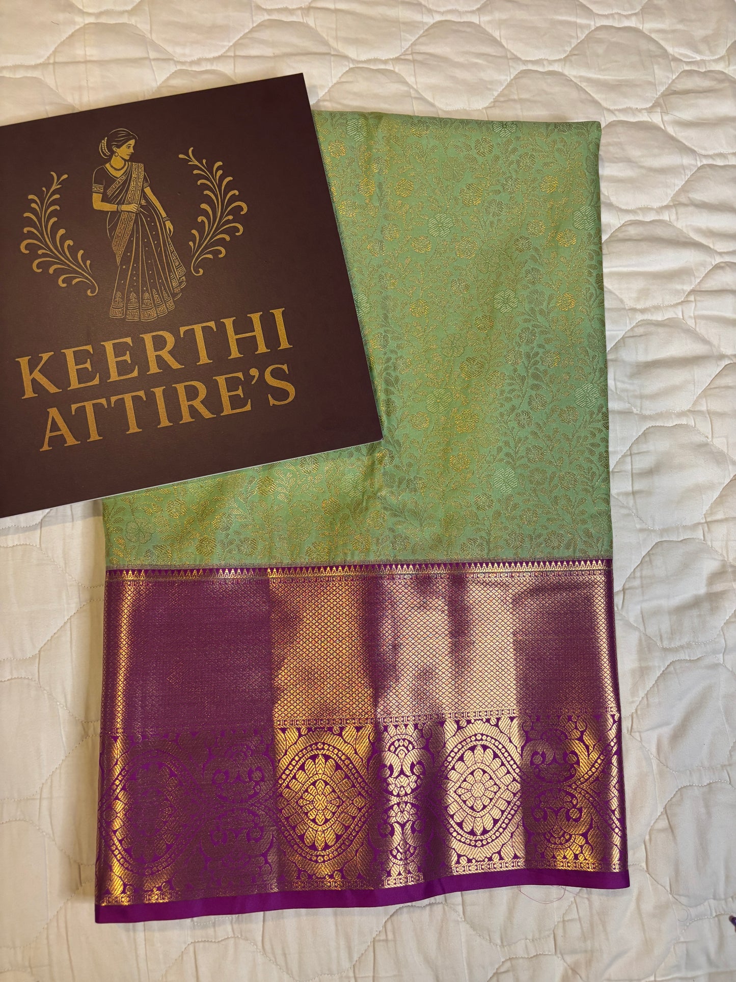 Emerald Green Silk Saree with Purple Border and Gold Zari