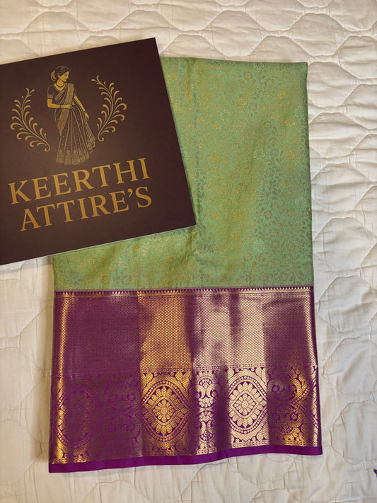 Emerald Green Silk Saree with Purple Border and Gold Zari