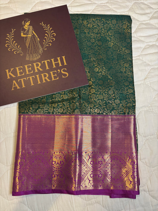 Elegant Green and Gold Sari with Purple Border