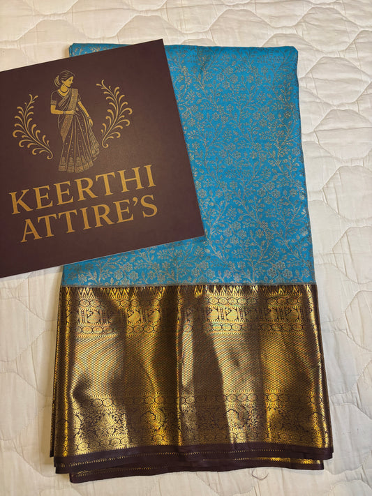 Exquisite Blue Kanchipuram Sari with Gold Zari Work and Dark Brown Border