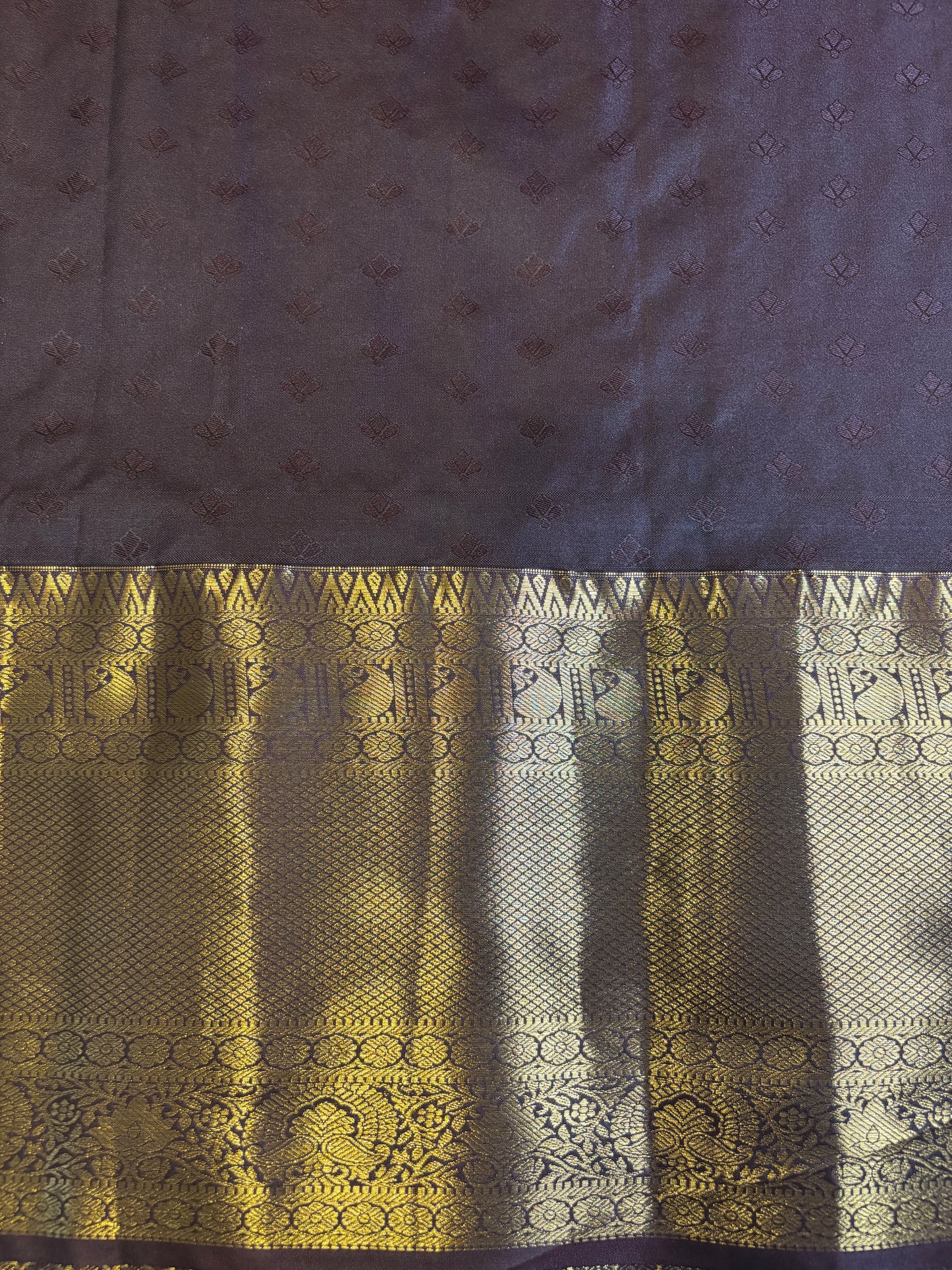 Exquisite Blue Kanchipuram Sari with Gold Zari Work and Dark Brown Border