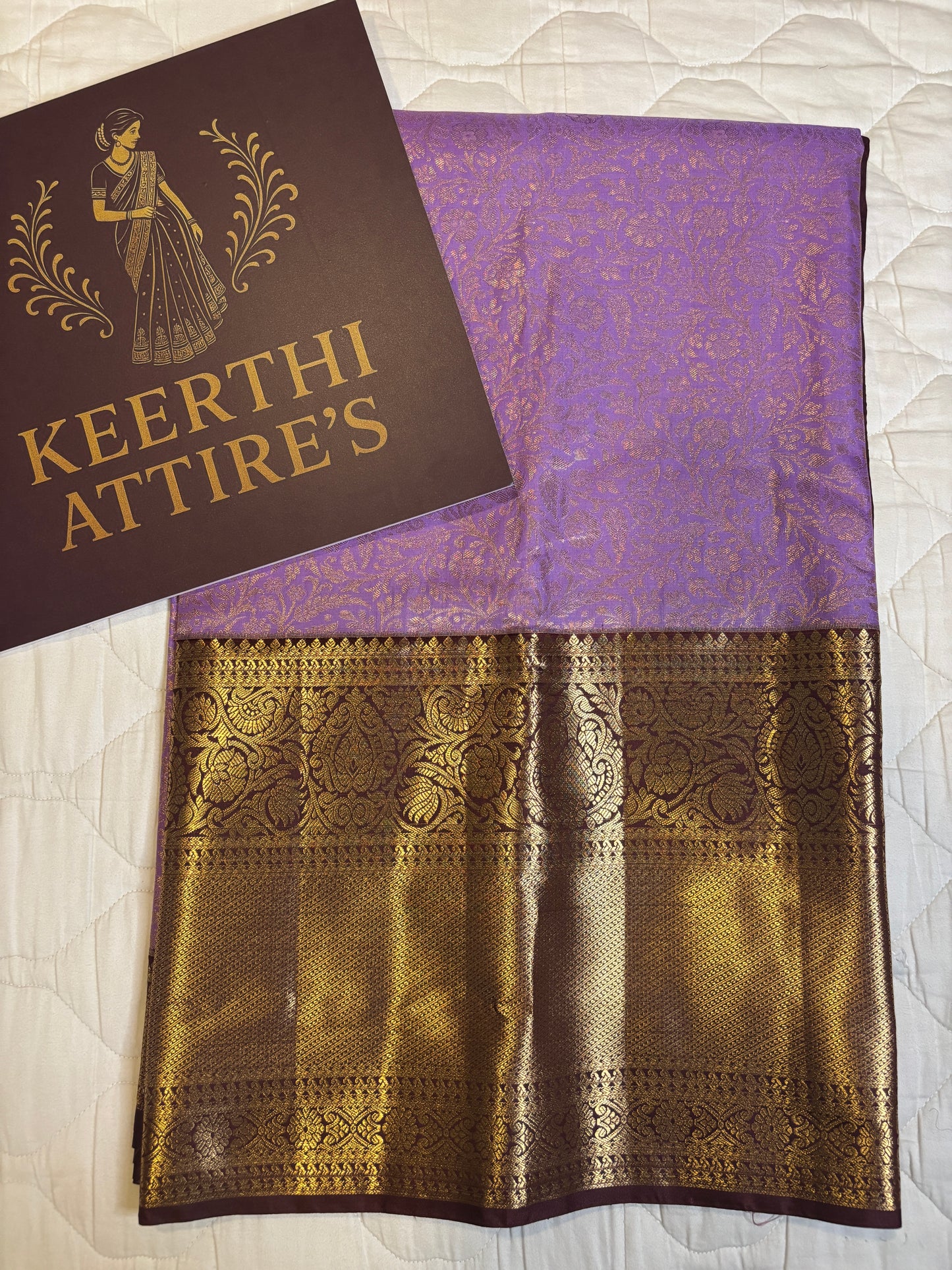Lavender Semi-Silk Sari with Golden Floral Motifs and Deep Maroon Border