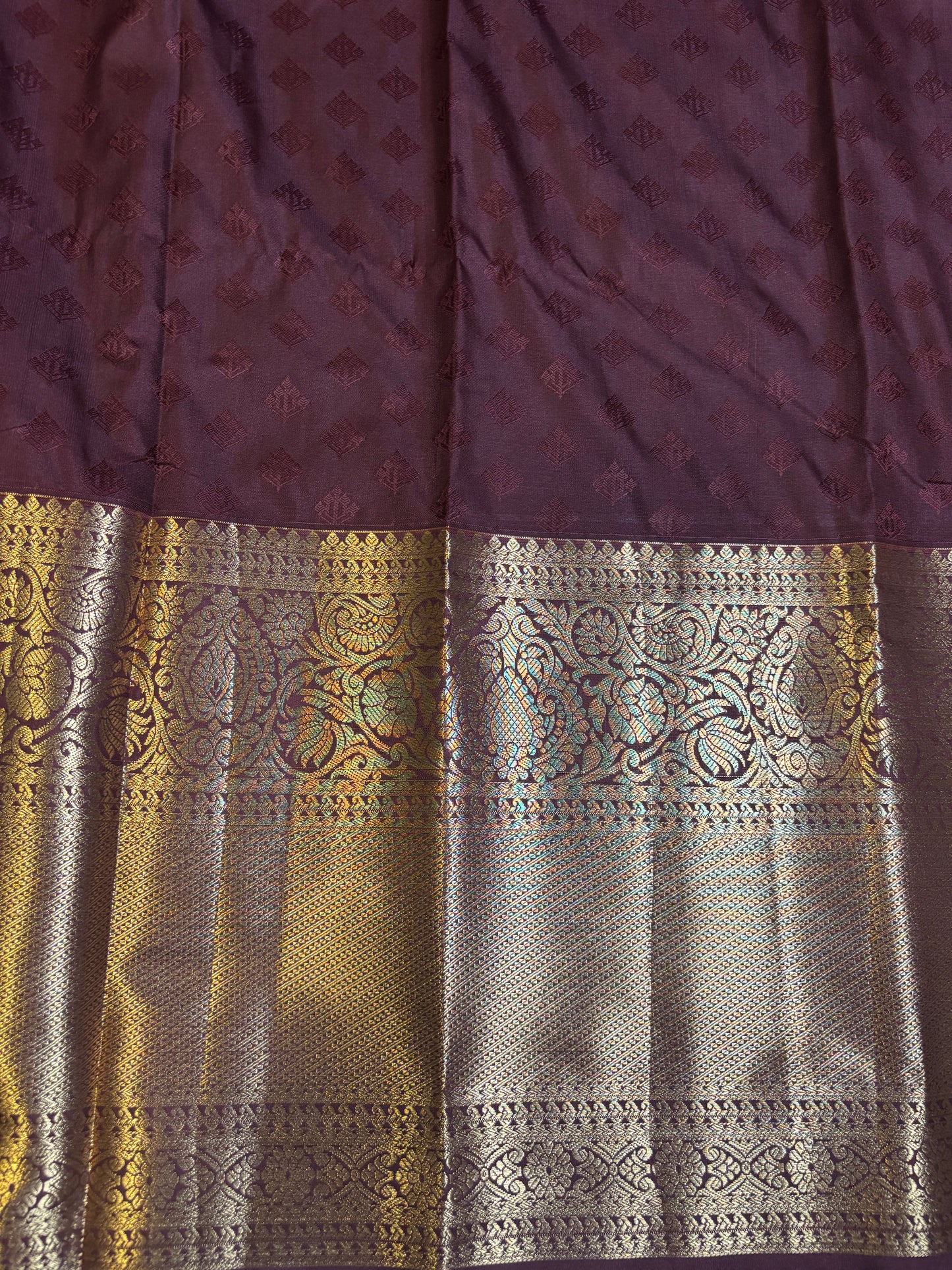 Lavender Semi-Silk Sari with Golden Floral Motifs and Deep Maroon Border