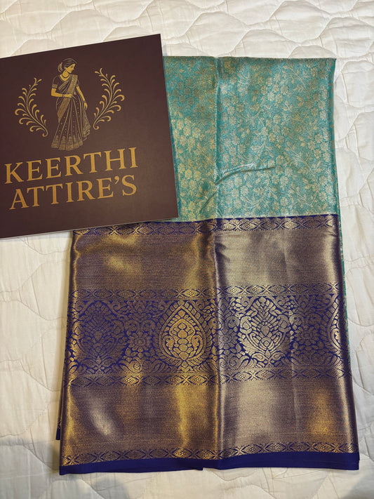 Elegant Teal blue Kanchipuram tissue Saree with Golden and Navy Blue big border Accents