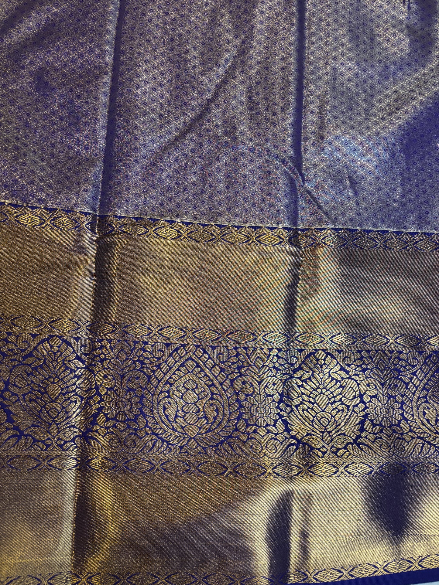 Elegant Teal blue Kanchipuram tissue Saree with Golden and Navy Blue big border Accents