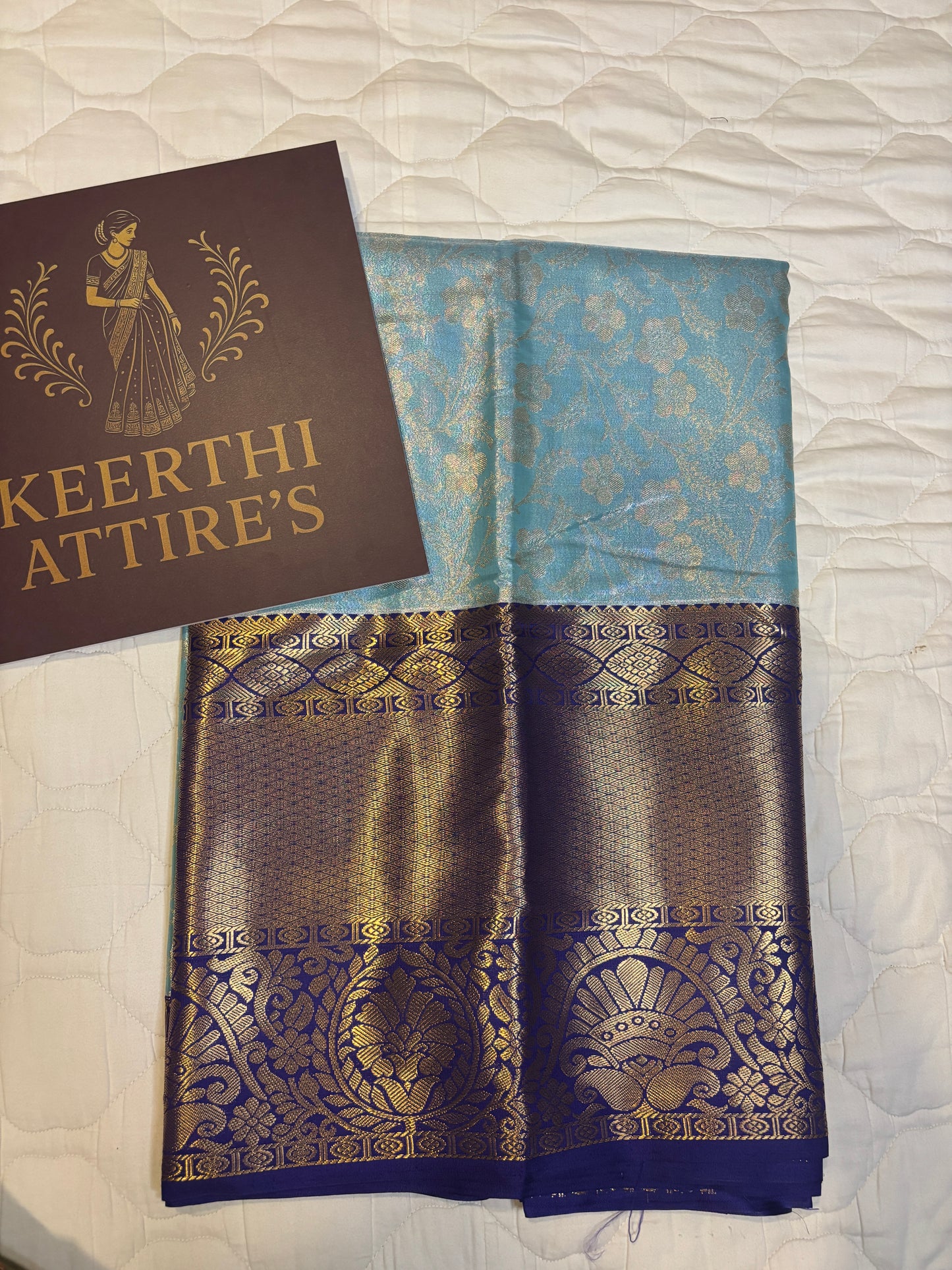Elegant Blue Kanchipuram tissue Saree with Golden and Navy Blue big border Accents