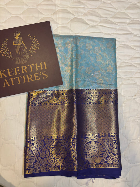 Elegant Blue Kanchipuram tissue Saree with Golden and Navy Blue big border Accents