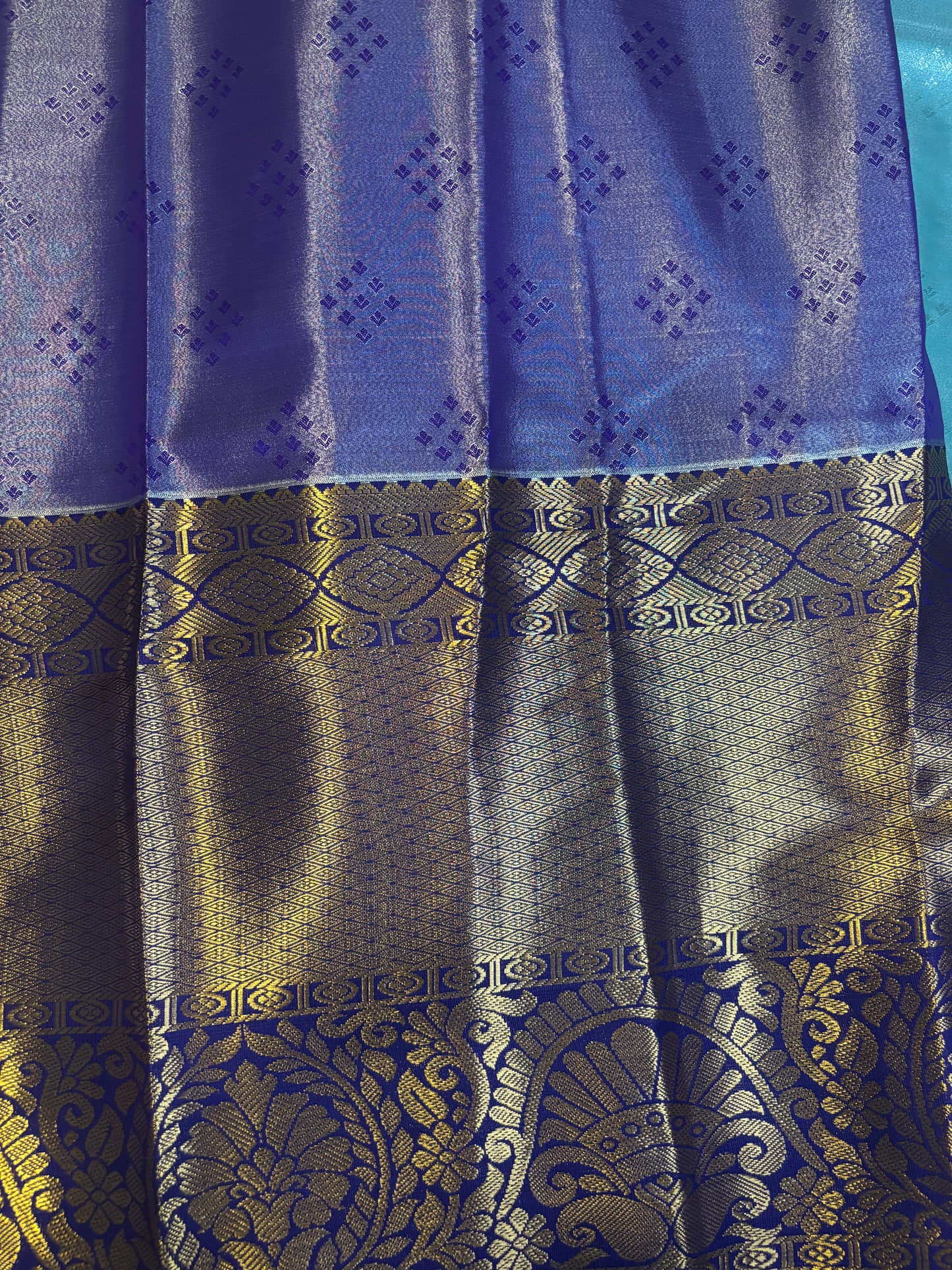 Elegant Blue Kanchipuram tissue Saree with Golden and Navy Blue big border Accents