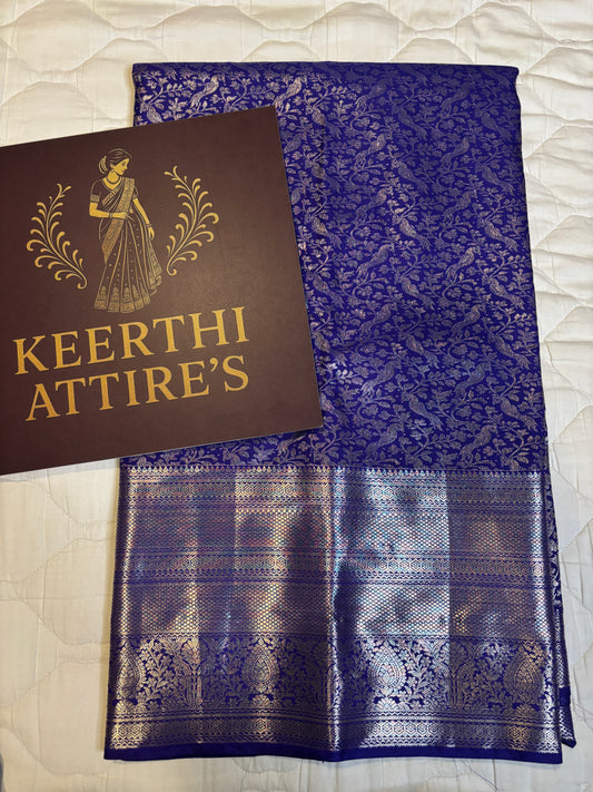 Elegant Blue and silver semi silk Saree with Intricate Floral Design