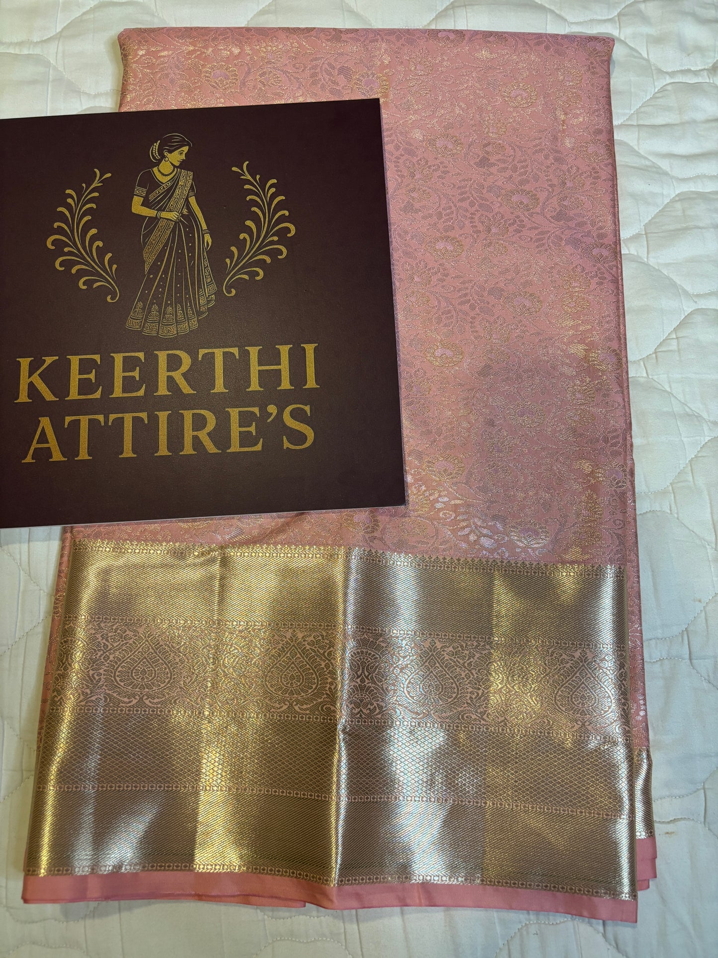 Elegant Semi Silk Peach Pink Sari with Gold Accents