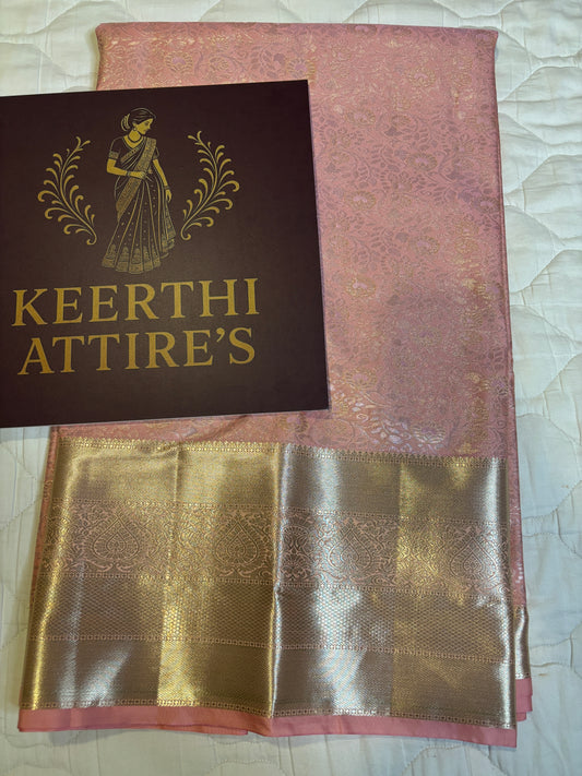 Elegant Semi Silk Peach Pink Sari with Gold Accents