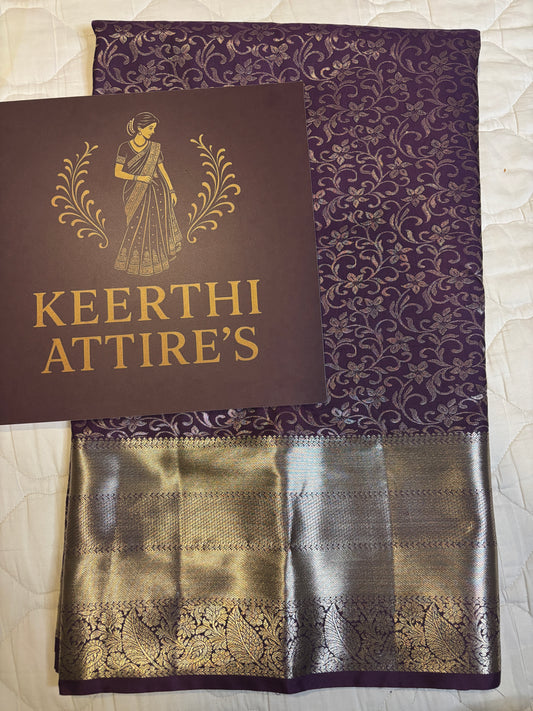Dark deep Purple Semi-Silk Saree with Gold Accents