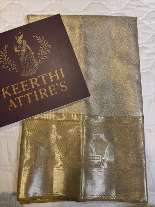 Elegant Gold Sari with Palaki Design in tissue kanchipattu