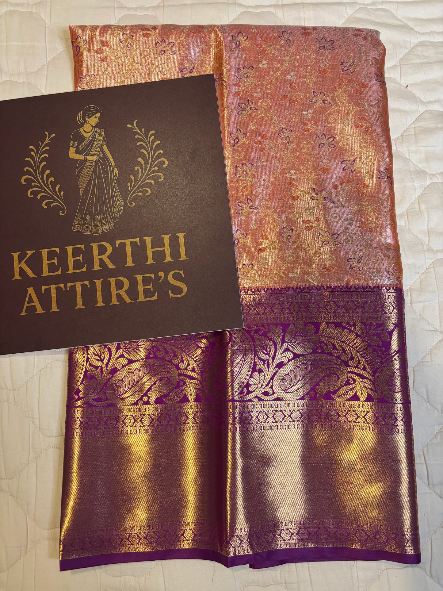 Peachy Keen Elegance Stunning Kanchipuram tissue Saree with meena on it