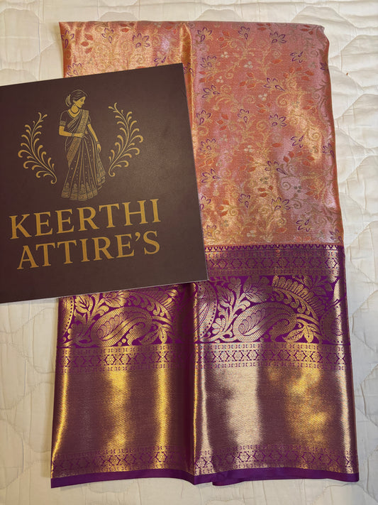 Peachy Keen Elegance Stunning Kanchipuram tissue Saree with meena on it
