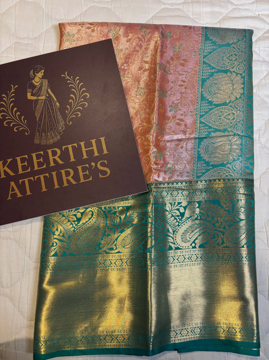 Emerald Elegance Stunning Kanchipuram tissue Saree with meena on it