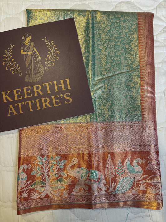 Teal Sari with Vibrant Orange Border and peacock- Elephant Motif