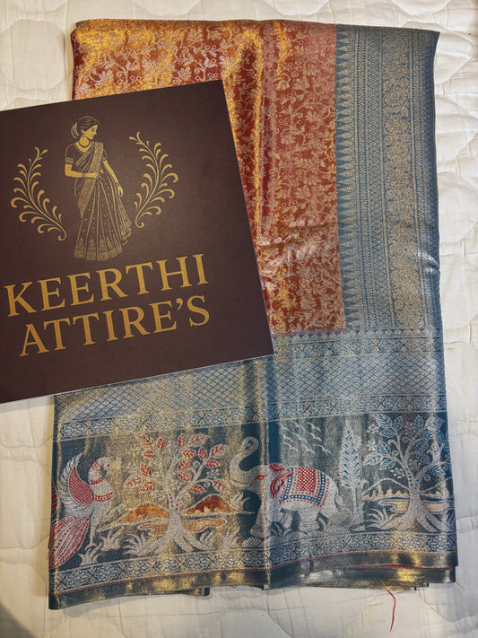 Orange Sari with Blue Border and Peacock- elephant Design