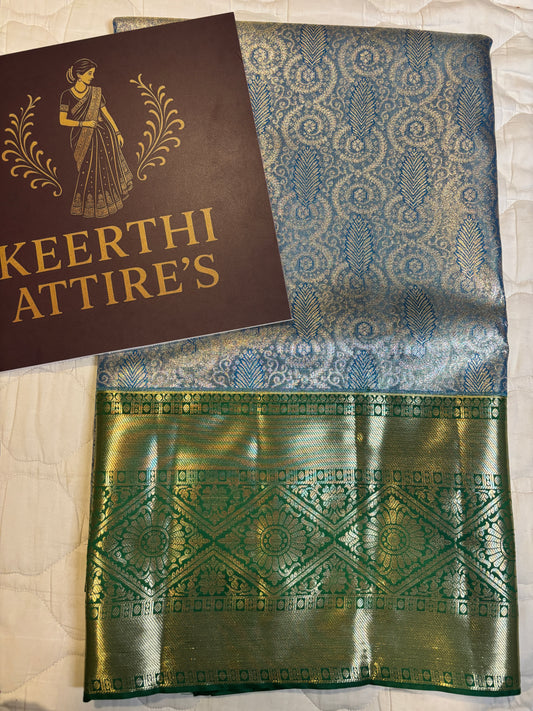 Blue-Grey Kanchipuram tissue Saree with Green Border