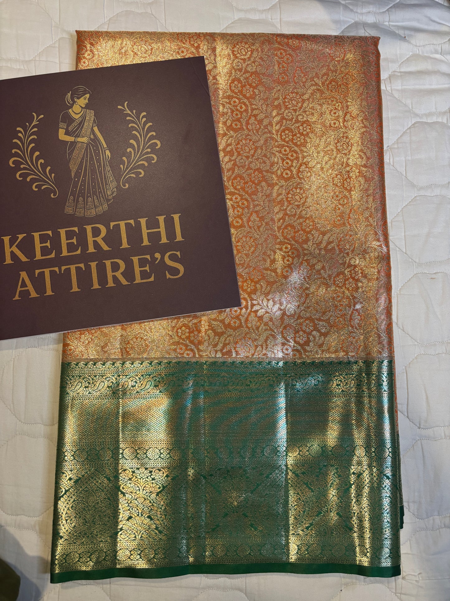 Orange and Green Kanchipuram Tissue Saree with Intricate Gold Designs
