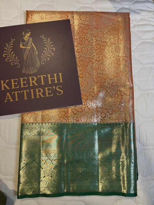 Orange and Green Kanchipuram Tissue Saree with Intricate Gold Designs