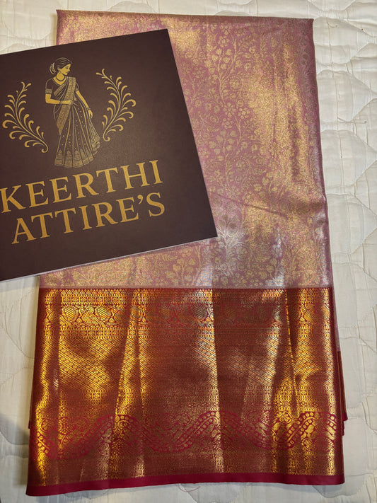 Lavender Kanchipuram Tissue Saree with Red Border