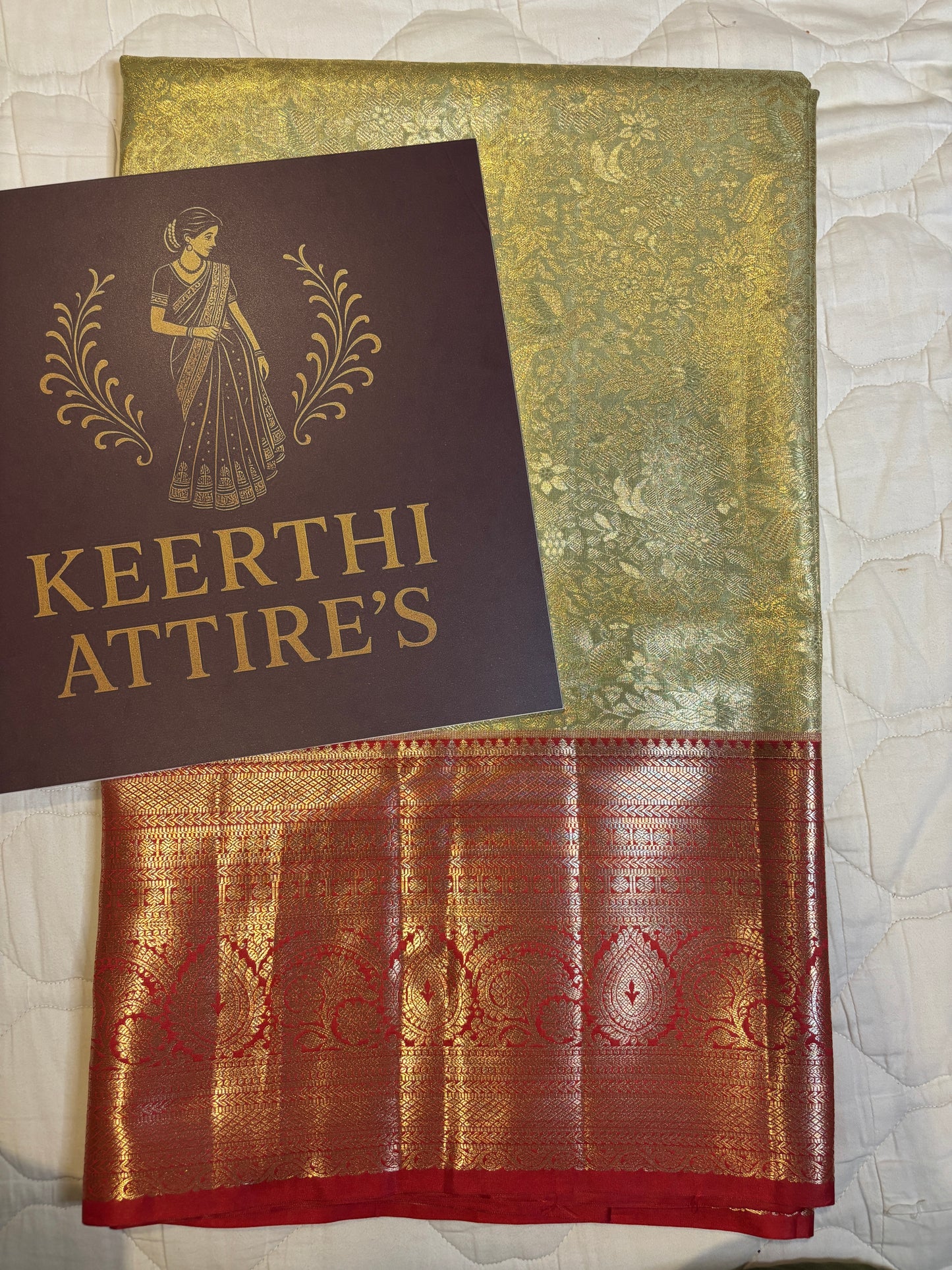 Olive Gold Kanchipuram tissue Saree with Red Border